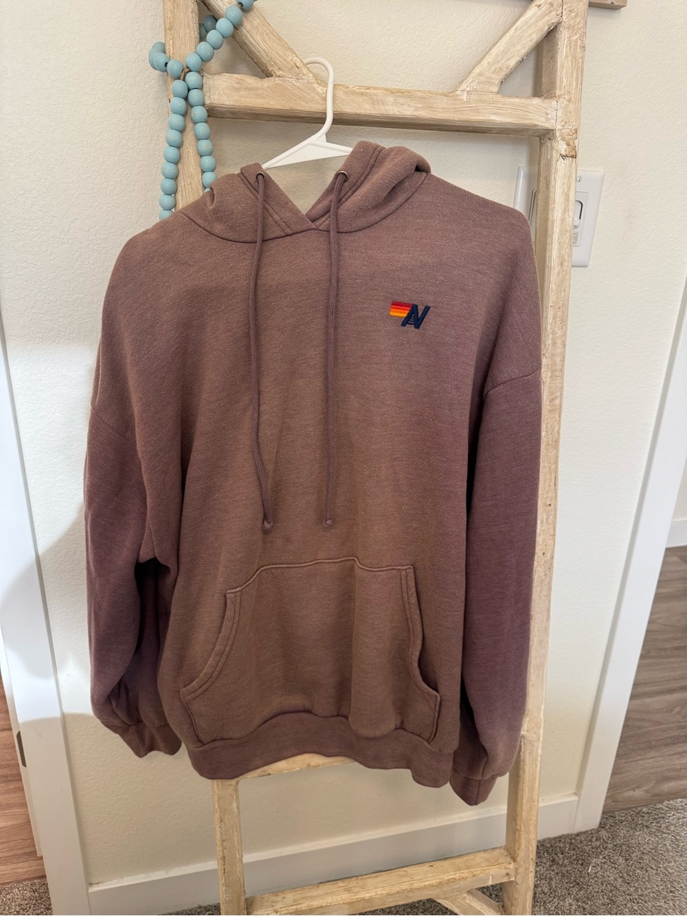 Aviator Nation Faded Mocha Pullover Hoodie with Rainbow Accent